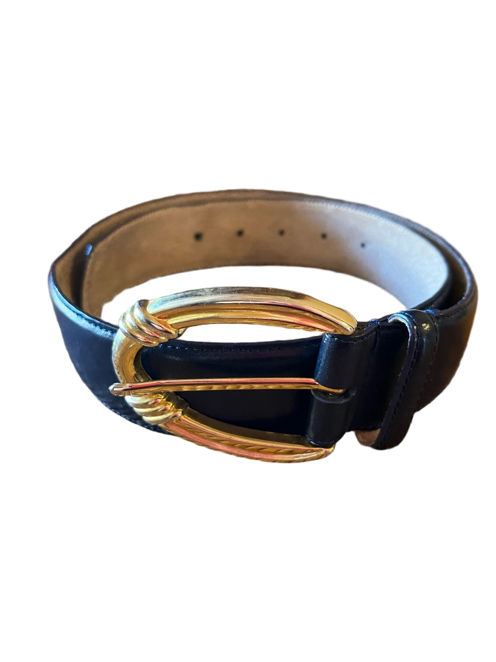 VTG Liz Claiborne Navy Leather Belt Gold Oval Ribbed Buckle Medium
